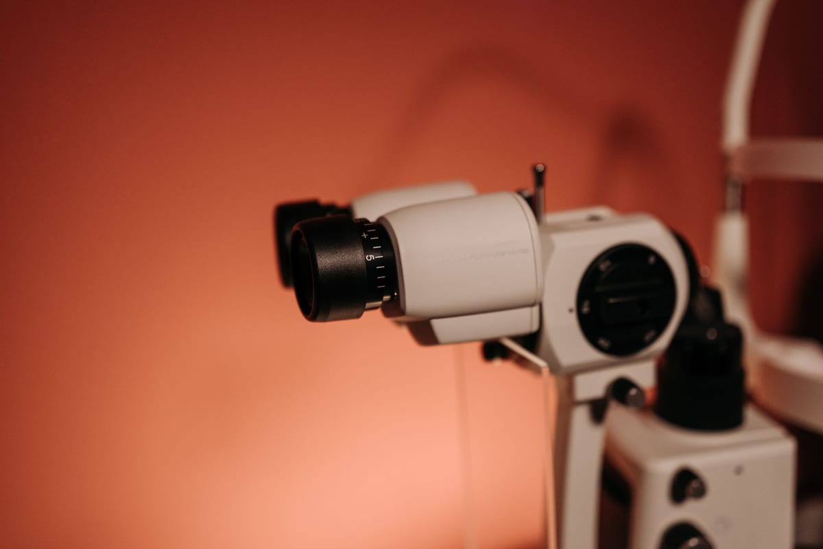 A slit lamp, the microscope an optometrist examines the front of the eye through